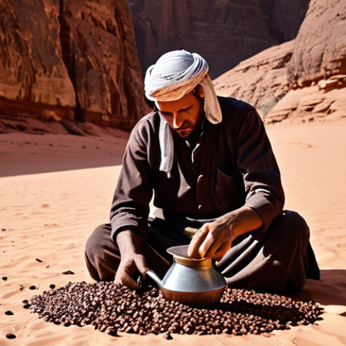 Home 4 **Bedouin coffee preparation in Wadi Rum:** A starlit desert scene in Wadi Rum. A Bedouin man carefully roasts coffee beans over an open fire. He uses a mortar and pestle to grind the beans. A *dallah* (traditional coffee pot) sits nearby.