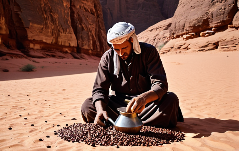**Bedouin coffee preparation in Wadi Rum:** A starlit desert scene in Wadi Rum. A Bedouin man carefully roasts coffee beans over an open fire. He uses a mortar and pestle to grind the beans. A *dallah* (traditional coffee pot) sits nearby.