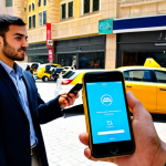 A young professional traveler in a modest, contemporary, and appropriate travel attire, standing on a bustling street in Amman, holding a smartphone with a taxi-hailing app interface visible on the screen. In the background, a modern sedan is parked nearby, and a traditional yellow taxi is also visible, hinting at the coexistence of old and new transport. Historic stone buildings and modern glass facades line the street. Bright daylight, dynamic urban scene, clear focus on the subject and transportation elements. Professional photography, high detail, perfect anatomy, correct proportions, natural pose, well-formed hands, proper finger count, natural body proportions, vibrant colors, natural lighting, sharp focus, safe for work, appropriate content, fully clothed, professional.