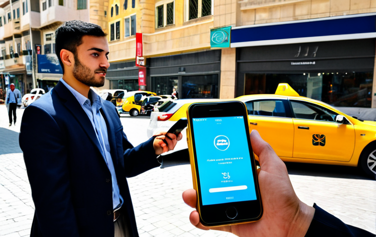A young professional traveler in a modest, contemporary, and appropriate travel attire, standing on a bustling street in Amman, holding a smartphone with a taxi-hailing app interface visible on the screen. In the background, a modern sedan is parked nearby, and a traditional yellow taxi is also visible, hinting at the coexistence of old and new transport. Historic stone buildings and modern glass facades line the street. Bright daylight, dynamic urban scene, clear focus on the subject and transportation elements. Professional photography, high detail, perfect anatomy, correct proportions, natural pose, well-formed hands, proper finger count, natural body proportions, vibrant colors, natural lighting, sharp focus, safe for work, appropriate content, fully clothed, professional.