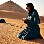 A professional female hiker, fully clothed in modest, appropriate hiking attire including long sleeves and sturdy boots, gently accepting a cup of traditional tea from a Bedouin host. The Bedouin individual is also fully clothed in their respectful, traditional dress. They are situated in a vast, serene desert landscape at late afternoon, with soft, golden light illuminating distant sand dunes and majestic rock formations. A traditional Bedouin tent is visible in the background, conveying authentic cultural exchange and peaceful exploration. Perfect anatomy, correct proportions, natural pose, well-formed hands, proper finger count, natural body proportions, professional photography, high quality, safe for work, appropriate content, fully clothed, family-friendly.
