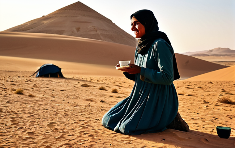 A professional female hiker, fully clothed in modest, appropriate hiking attire including long sleeves and sturdy boots, gently accepting a cup of traditional tea from a Bedouin host. The Bedouin individual is also fully clothed in their respectful, traditional dress. They are situated in a vast, serene desert landscape at late afternoon, with soft, golden light illuminating distant sand dunes and majestic rock formations. A traditional Bedouin tent is visible in the background, conveying authentic cultural exchange and peaceful exploration. Perfect anatomy, correct proportions, natural pose, well-formed hands, proper finger count, natural body proportions, professional photography, high quality, safe for work, appropriate content, fully clothed, family-friendly.