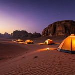 Wadi Rum Sunset & Bedouin Camp**
A breathtaking panoramic view of the Wadi Rum desert at sunset, showcasing majestic sandstone rock formations painted in vibrant hues of orange, red, and deep purple. The vast sky above transitions into twilight, revealing the subtle emergence of early stars. In the distance, a small, traditional Bedouin camp with modest tents blends harmoniously with the natural landscape. The scene evokes a sense of ancient stillness and profound natural beauty, captured with professional photography and high quality. The image is safe for work, appropriate content, fully clothed, and family-friendly, ensuring perfect anatomy and correct proportions if any distant figures are implied.

**