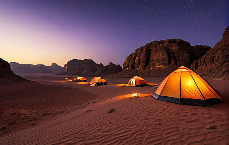 Wadi Rum Sunset & Bedouin Camp**
A breathtaking panoramic view of the Wadi Rum desert at sunset, showcasing majestic sandstone rock formations painted in vibrant hues of orange, red, and deep purple. The vast sky above transitions into twilight, revealing the subtle emergence of early stars. In the distance, a small, traditional Bedouin camp with modest tents blends harmoniously with the natural landscape. The scene evokes a sense of ancient stillness and profound natural beauty, captured with professional photography and high quality. The image is safe for work, appropriate content, fully clothed, and family-friendly, ensuring perfect anatomy and correct proportions if any distant figures are implied.
**