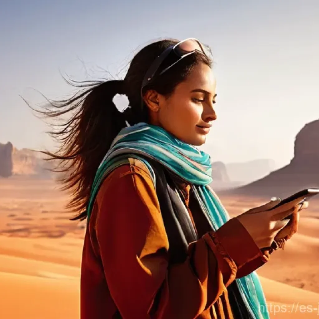 요르단 방문 필수 어플리케이션 - **Prompt 1: Seamless Connectivity Amidst Ancient Wonders**
    A solo female traveler, in her late 2...