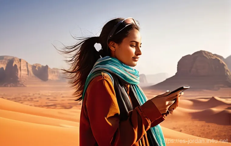 요르단 방문 필수 어플리케이션 - **Prompt 1: Seamless Connectivity Amidst Ancient Wonders**
    A solo female traveler, in her late 2...