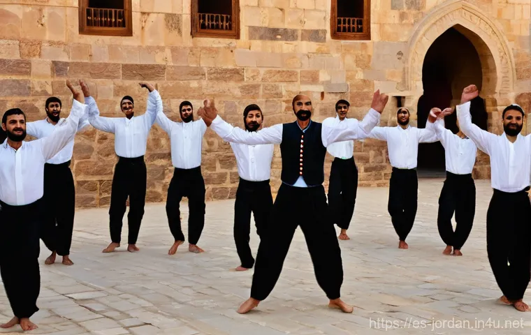 요르단 전통음악과 춤 - **Prompt:** A dynamic group of young and middle-aged Jordanian men performing a traditional Dabke da...
