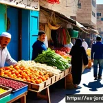 요르단의 물가와 예산 계산 - A vibrant street scene in Amman, Jordan, featuring a bustling local market with colorful stalls sell...
