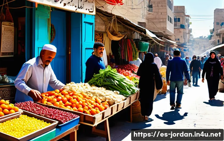 요르단의 물가와 예산 계산 - A vibrant street scene in Amman, Jordan, featuring a bustling local market with colorful stalls sell...