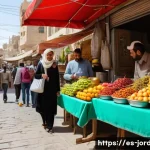 요르단 여행 경비 계산법 - A vibrant street scene in Amman, Jordan, showing a lively local market with vendors selling fresh fr...