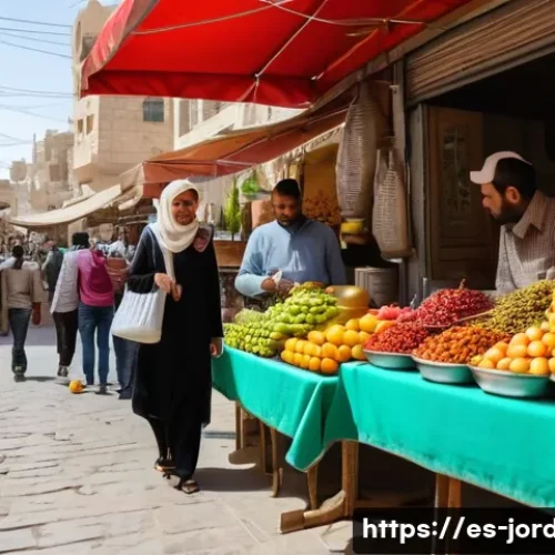 요르단 여행 경비 계산법 - A vibrant street scene in Amman, Jordan, showing a lively local market with vendors selling fresh fr...
