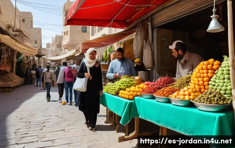 요르단 여행 경비 계산법 - A vibrant street scene in Amman, Jordan, showing a lively local market with vendors selling fresh fr...