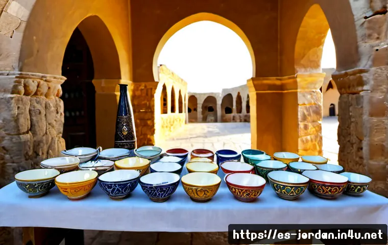 요르단에서 쇼핑할 만한 것들 - Photorealistic travel shopping scene in a traditional Jordanian market, an elegant display of hand-p...