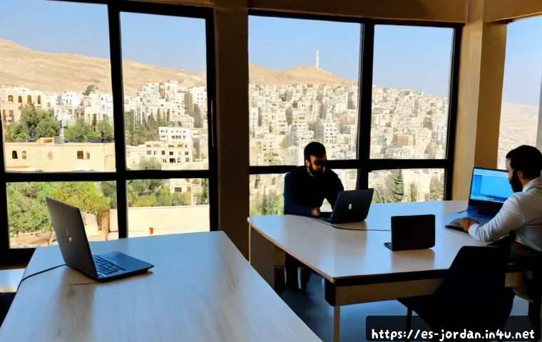 요르단의 스타트업 환경 - Photorealistic modern startup workspace in Amman, Jordan, diverse young Jordanian entrepreneurs coll...